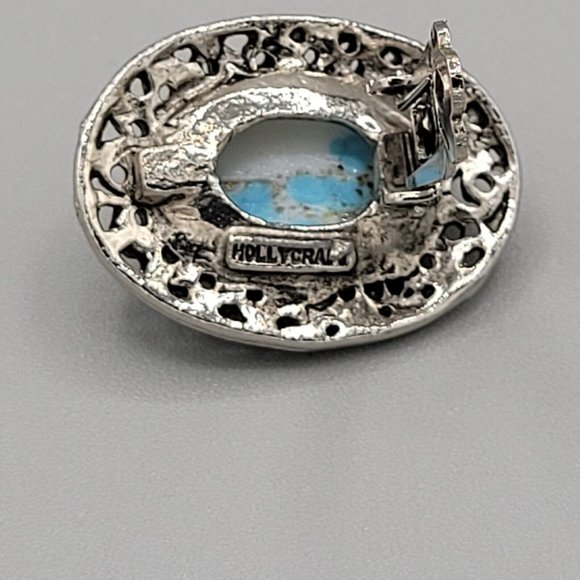 Hollycraft Blue Howlite Stone Silver Tone Filigree Accent Clip On Earrings - Picture 6 of 8